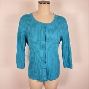 Talbots Cable Knit Cardigan Sweater Womens Large Teal Button Academia Preppy